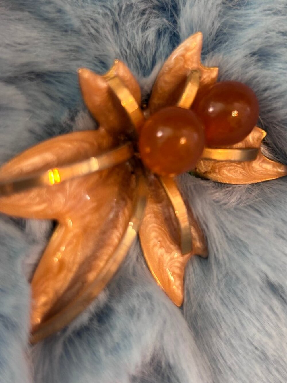 Vintage Flower Brooch Pendant - Amber Beads Gold Tone Star Pin